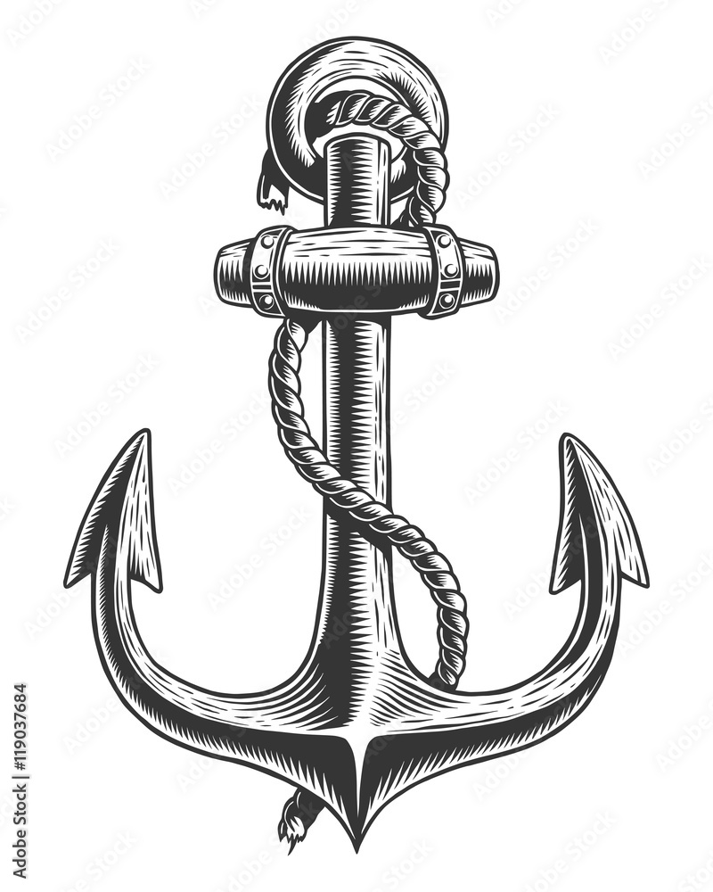 Old vintage anchor with rope nautical theme Stock Vector