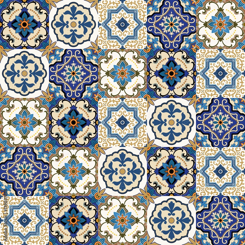 Mega Gorgeous seamless patchwork pattern from colorful Moroccan, Portuguese tiles, Azulejo, ornaments.. Can be used for wallpaper, pattern fills, web page background,surface textures. - obrazy, fototapety, plakaty 