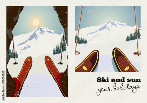 Vintage vector poster of two pictures. Skier getting ready to descend the mountain. Winter background. Grunge effect it can be removed.
