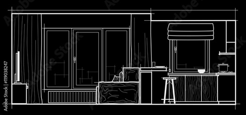 linear architectural sketch modern studio front view on black background