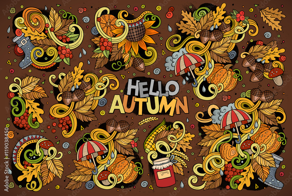 Set of Autumn theme items, objects and symbols