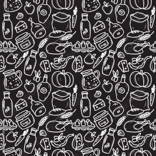 Vector organic food doodle style chalkboard seamless pattern.