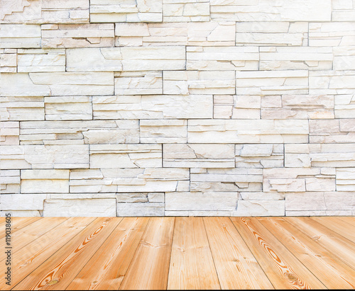 Perspective wood and brick wall texture background / Brick wall