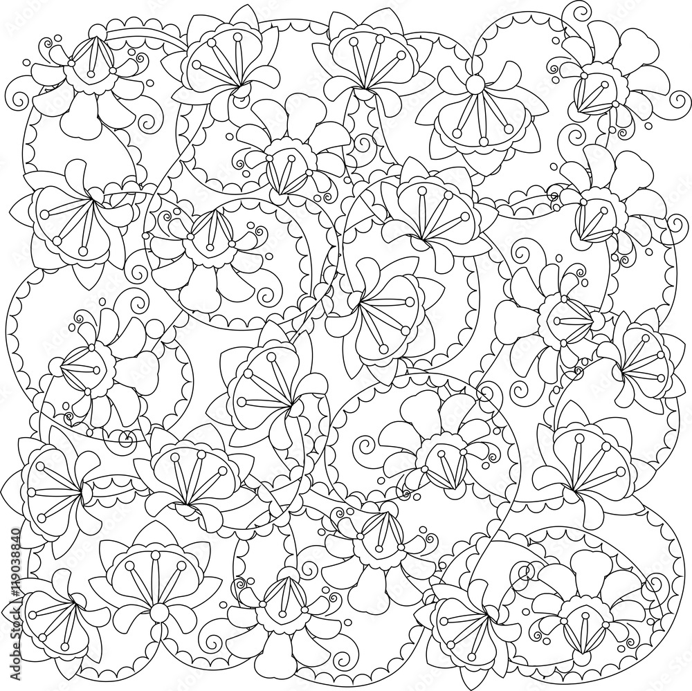 Stylized black and white hand drawn  flower pattern, anti stress, vector illustration