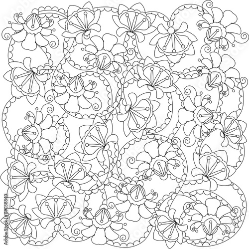 Stylized black and white hand drawn flower pattern, anti stress, vector illustration