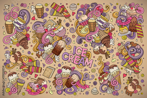 Colorful vector doodle cartoon set of ice-cream objects