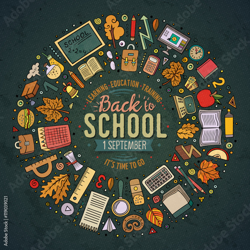 Set of School cartoon doodle objects, symbols and items