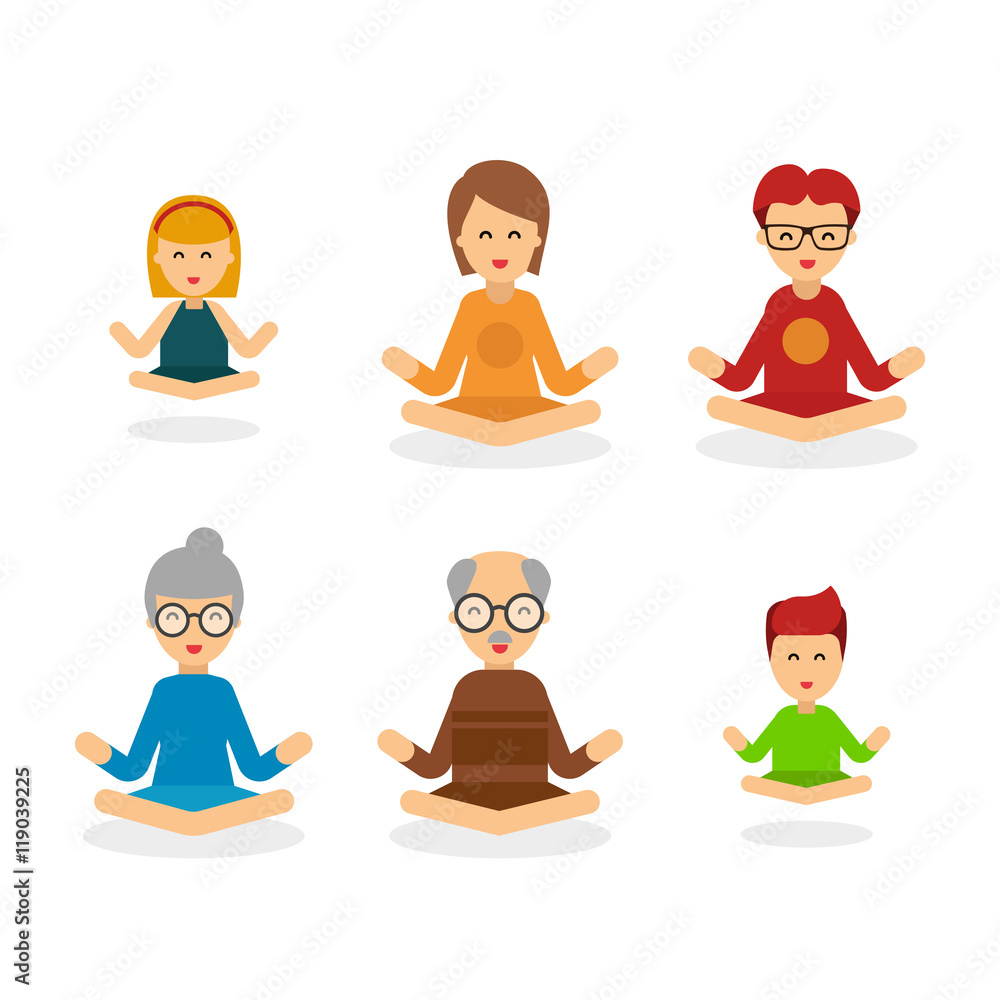 Meditation people cartoon character isolated on white background, people  vector flat illustration. Happy family meditate in the Lotus position. Calm  pose, mental balance, harmony, spirituality energy Stock Vector | Adobe  Stock