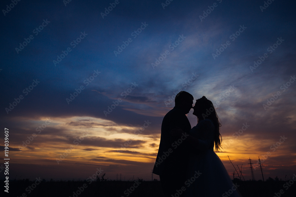 Bride and groom kiss under the evening sky covered with blue, ye