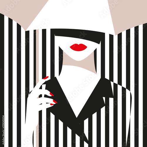 Fashion girl with an umbrella. Bold, minimal style. Pop Art. OpArt, positive negative space and colour. Trendy strips.Vector illustration. - stock vector