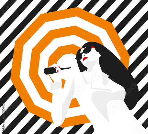 Fashion girl with an umbrella. Bold, minimal style. Pop Art. OpArt, positive negative space and colour. Trendy strips.Vector illustration. - stock vector