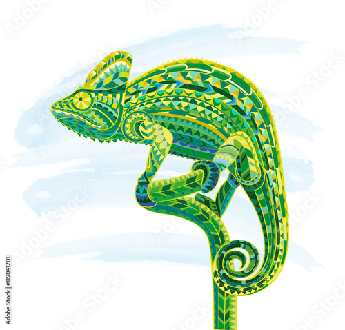 Hand drawn doodle outline chameleon illustration. Decorative in zentangle style. Patterned fiery on the grunge background. It may be used for design a t-shirt, bag, postcard, poster and so .
