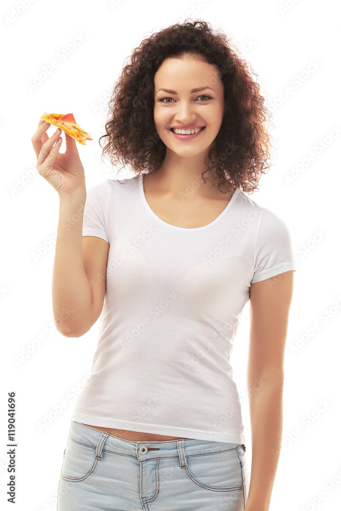 Beautiful young woman with slice of tasty pizza on white background Beautiful young woman with slice of tasty pizza on white background