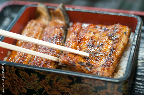 Grilled eel with sauce on rice in Box. Japanese cuisine