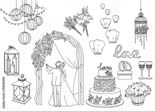 Big set of wedding decorative elements and attributes in linear sketch