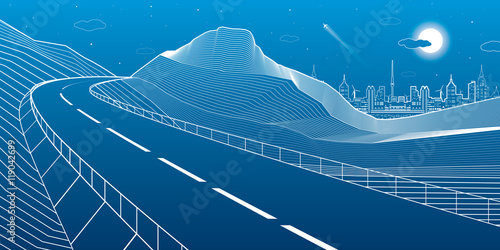 Highway in the mountains, night scene, neon city on background, white lines landscape, vector design art