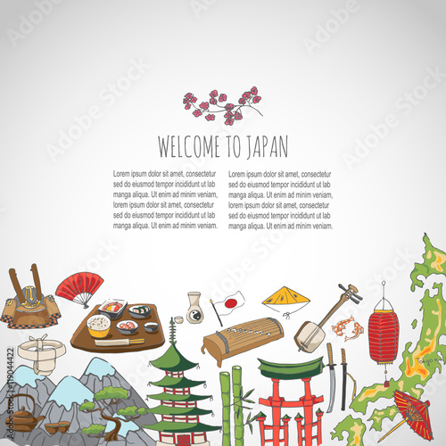 Hand drawn doodle Welcome to Japan set. Vector illustration. Sketchy Japanese related icons, Japan elements, map, pagoda, umbrella, sumo, sake, samurai, Fuji, food, sakura