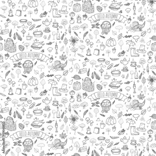 Seamless pattern hand drawn doodle Autumn icons set. Vector illustration. Fall symbols collection. Cartoon seasonal elements: turkey, harvest, vegetables, pumpkin pie, leaves, trees, wine, mushrooms