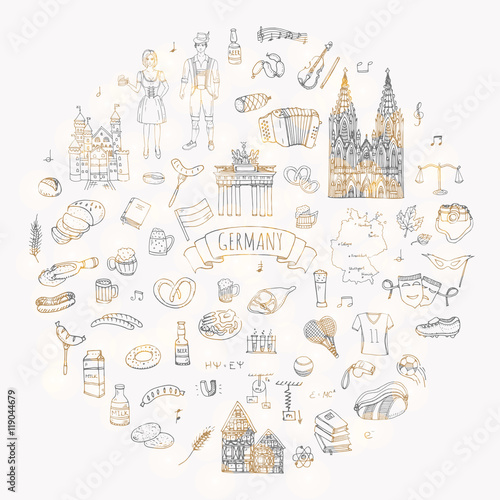 Hand drawn doodle set of Germany icons. Vector illustration set. Cartoon German landmark. Sketchy Europe travel elements collection: Sausage, Beer, Wheat bread, football, tennis, classic music, castle