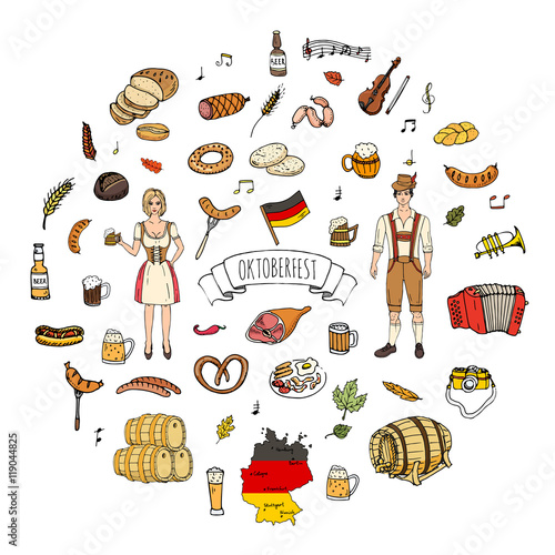 Hand drawn doodle set of Oktoberfest icons. Vector illustration set. Cartoon Bavarian elements. Sketchy October fest collection: Sausage, Barrels of Beer, Bread, Girl and Man in traditional costumes.