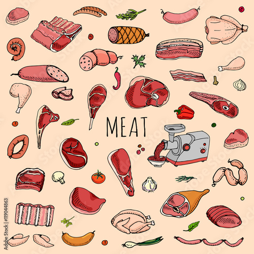 Hand drawn doodle set of cartoon different kind of meat and poultry. Vector illustration set. Sketchy food elements collection: Lamb, Pork, Ham, Mince, Chicken, Steak, Bacon, Sausage, Salami, Veggie.