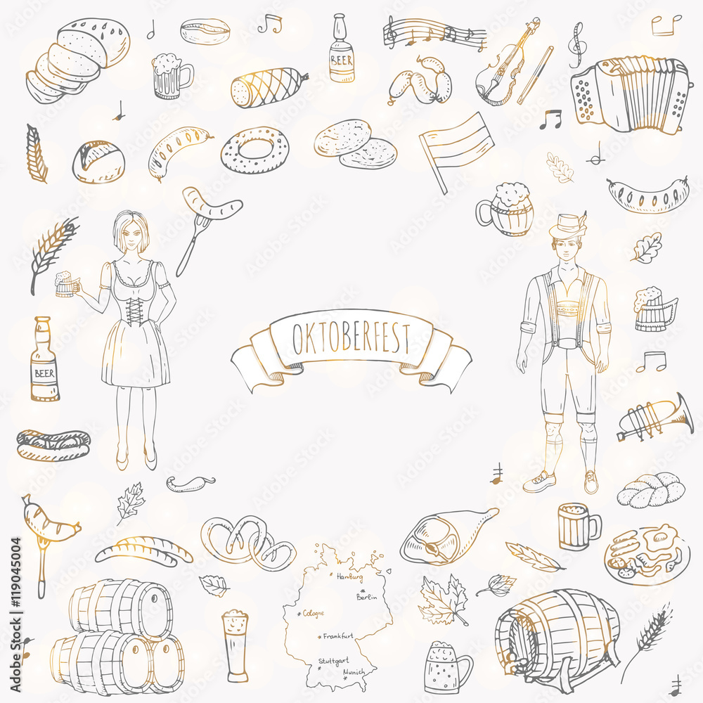 Hand drawn doodle set of Oktoberfest icons. Vector illustration set. Cartoon Bavarian elements. Sketchy October fest collection: Sausage, Barrels of Beer, Bread, Girl and Man in traditional costumes. Hand drawn doodle set of Oktoberfest icons. Vector illustration set. Cartoon Bavarian elements. Sketchy October fest collection: Sausage, Barrels of Beer, Bread, Girl and Man in traditional costumes.