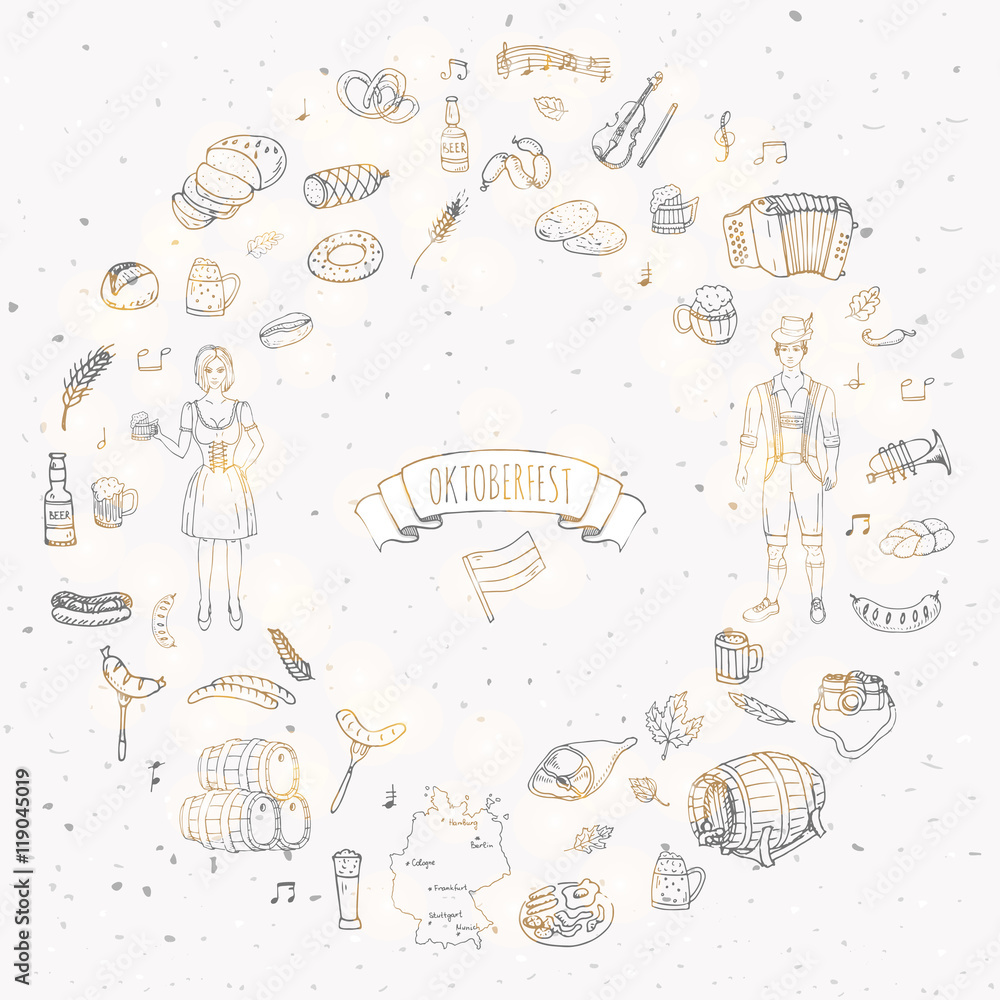 Obraz premium Hand drawn doodle set of Oktoberfest icons. Vector illustration set. Cartoon Bavarian elements. Sketchy October fest collection: Sausage, Barrels of Beer, Bread, Girl and Man in traditional costumes.