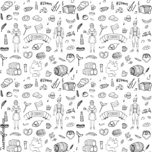 Seamless pattern hand drawn doodle set of Oktoberfest icons. Vector illustration set. Cartoon Bavarian elements. Sketchy collection: Sausage, Beer Barrels, Bread, Girl and Man in traditional costumes.