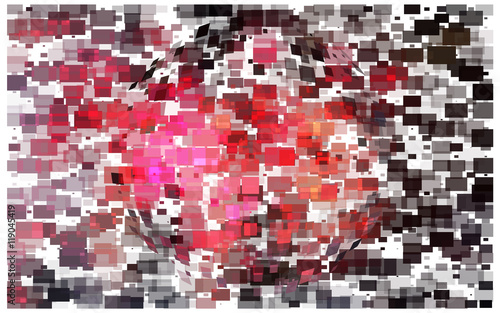 rectangular abstraction consists of objects of red and gray color. Lots of colorful particles.