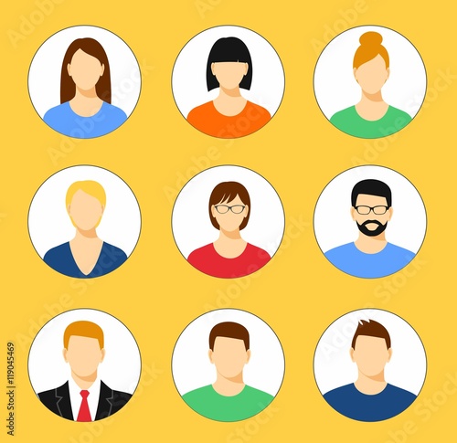 Avatar profile icon set including male and female.