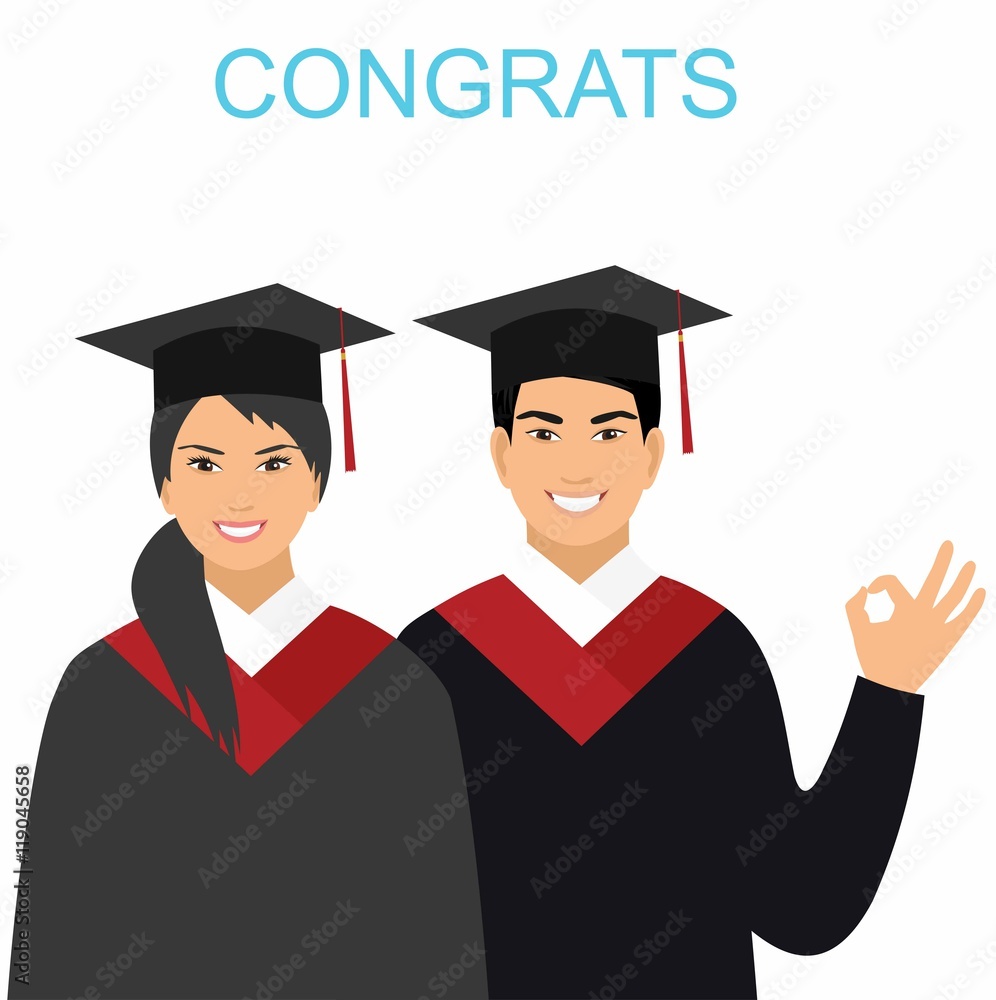 Girl and boy oriental appearance graduates in gowns Girl and boy oriental appearance graduates in gowns