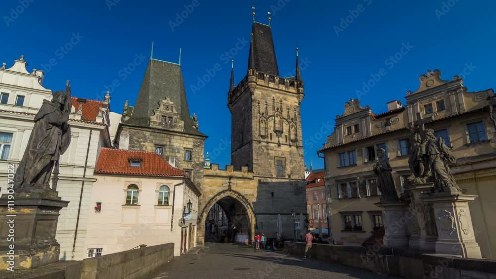 A view along Charles Bridge in Prague towards the Lesser Quarter in the morning timelapse hyperlapse. A view along Charles Bridge in Prague towards the Lesser Quarter in the morning timelapse hyperlapse.