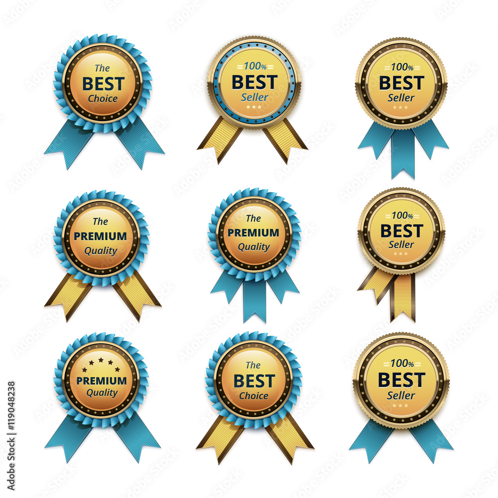 Fototapeta premium Set of Top Quality Guarantee Golden labels with Blue Ribbons
