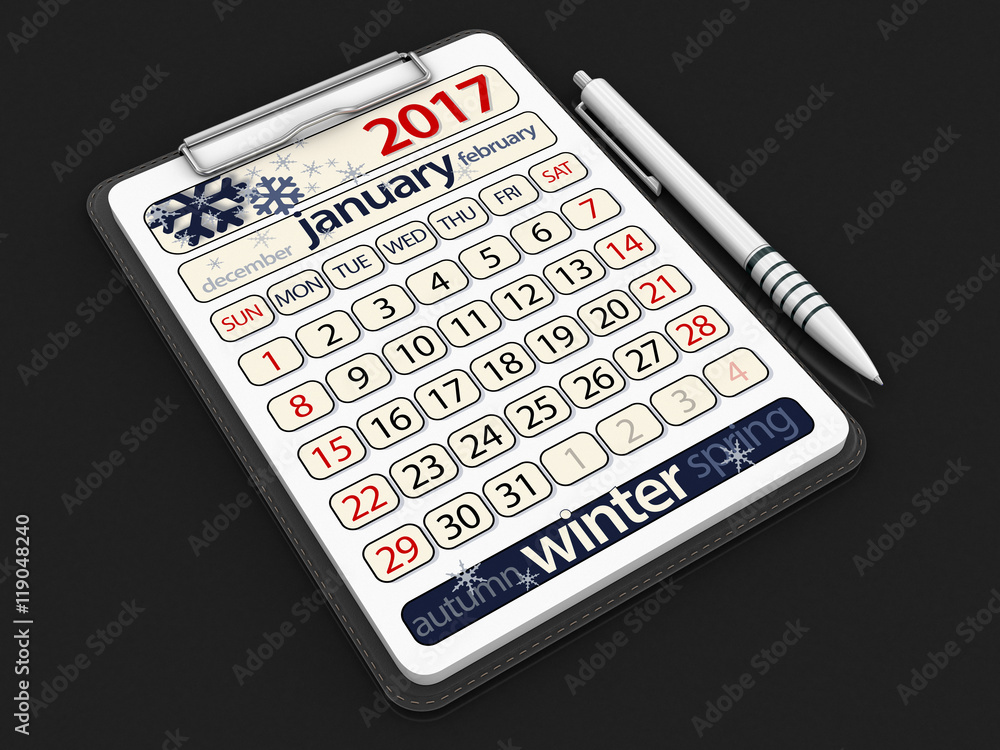 Clipboard with January 2017. Image with clipping path