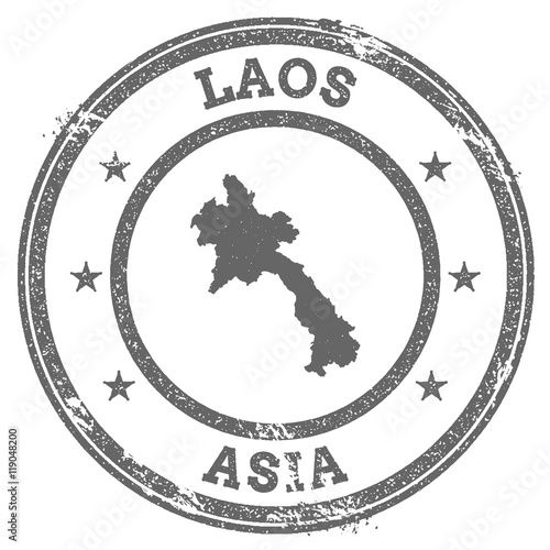 Lao People's Democratic Republic grunge rubber stamp map and text. Round textured country stamp with map outline. Vector illustration.