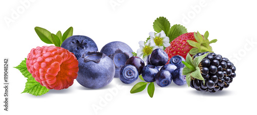 Blackberry, strawberry,raspberry, blueberry and leaves isolated