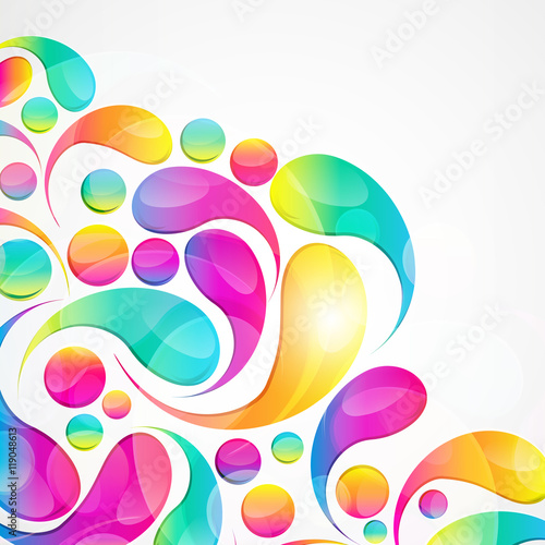Abstract colorful paisley arc-drop pattern on a white background.