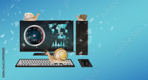 slow desktop computer with snail