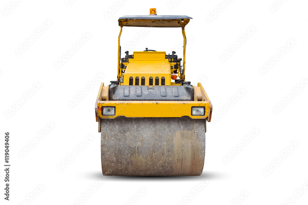 Naklejka premium Front view of the steamroller a modern road roller with yellow color isolated on white background.