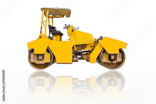 Steamroller a modern road roller with yellow color isolated on white background.