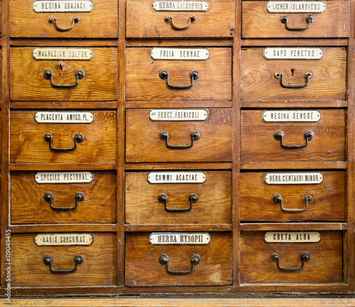 close-up of a very old apothecary cabinet