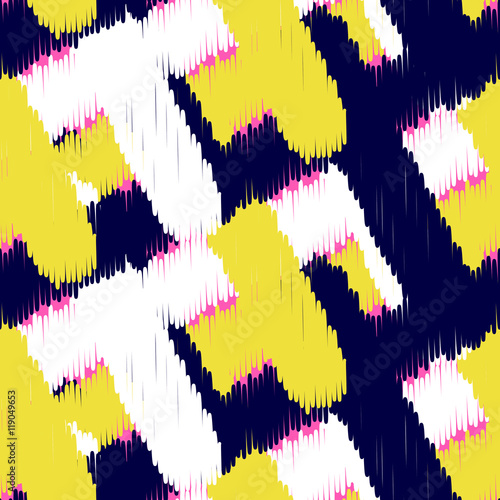 Ikat scribble swabs vector seamless pattern. Abstract geometric background for fabric, print or wrapping paper. Indigo blue, white and yellow bold design.