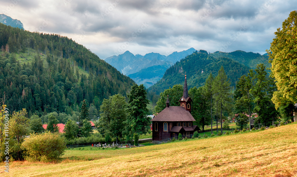 Naklejka premium Wooden church, Tatranska Javorina, High Tatra Mountains, Western