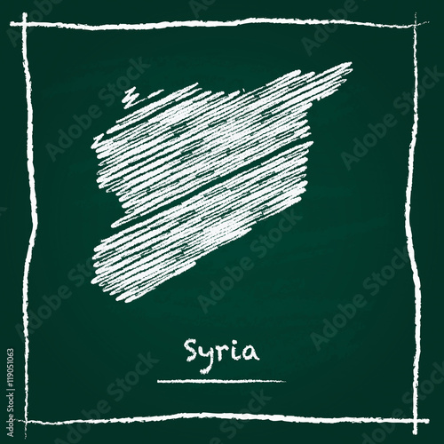 Syrian Arab Republic outline vector map hand drawn with chalk on a green blackboard. Chalkboard scribble in childish style. White chalk texture on green background.
