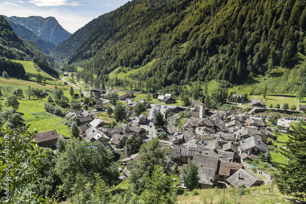 View of the typical northern Italy old stone Village of Carcoforo in Valsesia