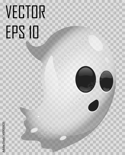 Transparent ghost on checked background. Halloween vector illustration. Grey vector ghost with surprised emotion. Easy to use holiday illustration in EPS 10 file.