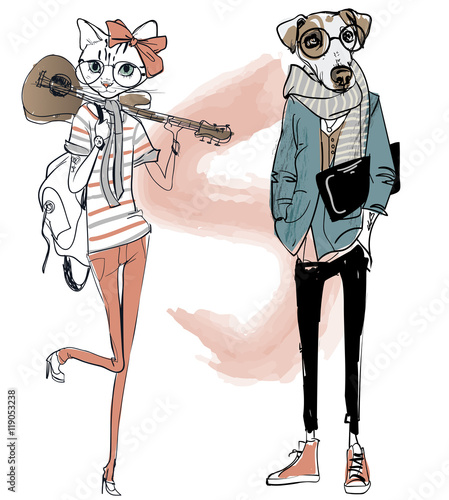 cute fashion hipster dog and cat