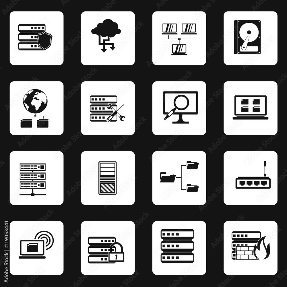 Database icons set in simple style. Analytics network computing process ...