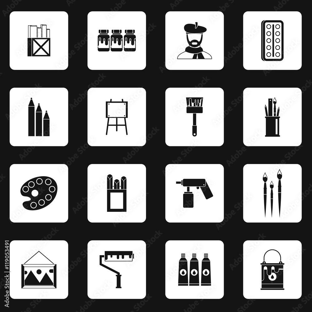 Artist studio icons set in simple style. Artists supplies set collection vector illustration Artist studio icons set in simple style. Artists supplies set collection vector illustration