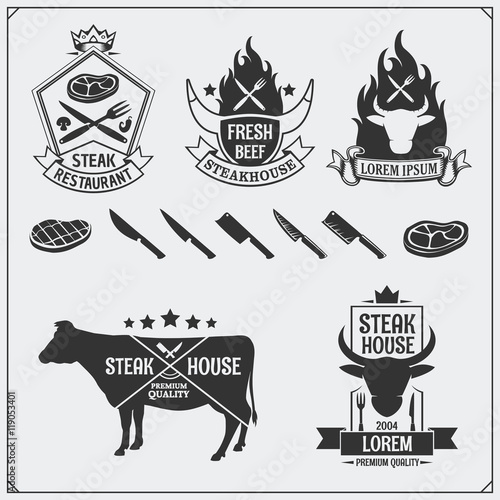 BBQ Collection. Set of vintage grill steak labels, badges and emblems. 